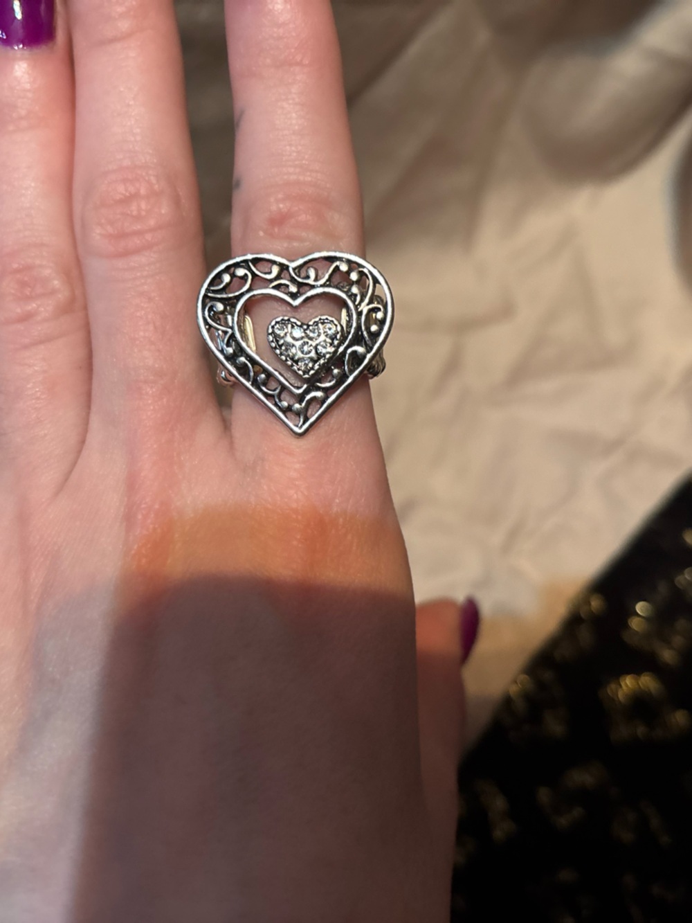 Sterling Silver Heart Filigree Stretch Ring - Silver Heart Statement